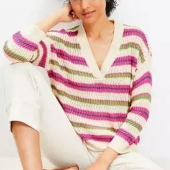 LOFT V-Neck Sweater with Pink, Green, and Cream Stripes Loose Knit Medium - Picture 1 of 8